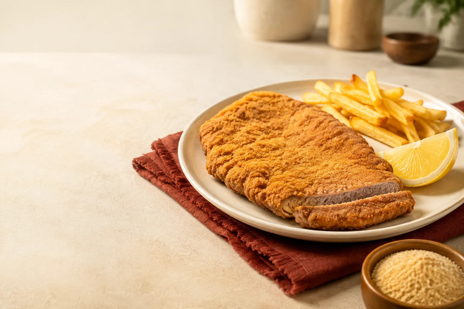 Milanesa dorada con papas y limón, imagen ilustrativa